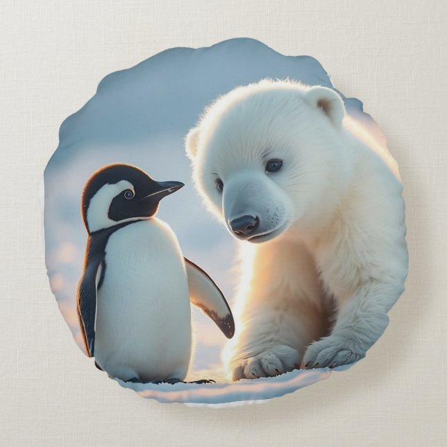 Eisbär- und Pinguinkissenpolster. Rundes Kissen (Rückseite)