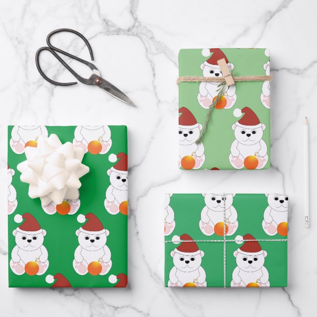 Eisbär Weihnachten Weihnachtsmannmütze niedliches  Geschenkpapier Set (Vorderseite)