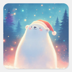 Eisbärbaby mit Weihnachtsmannmütze unter dem Stern Quadratischer Aufkleber