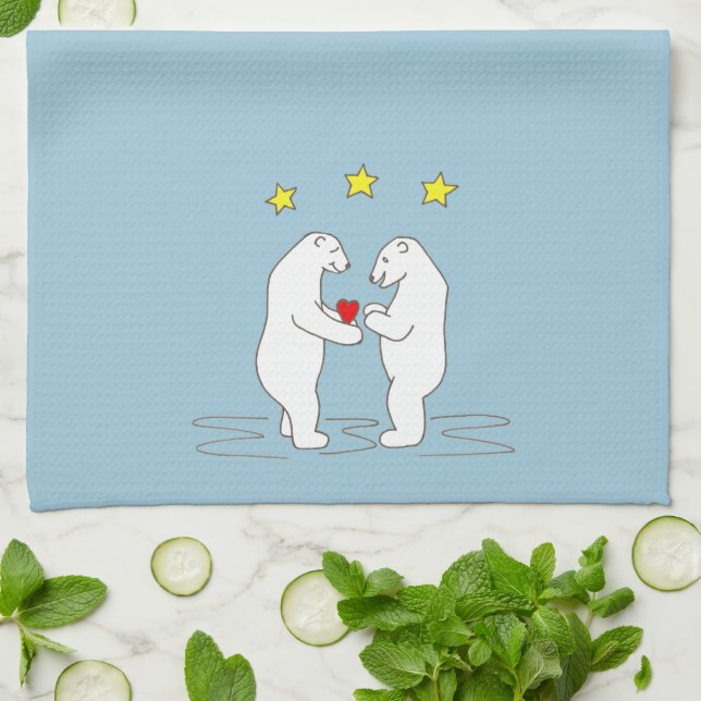 Eisbären, die Herz und Gelbe Sterne geben Geschirrtuch (Gefaltet)