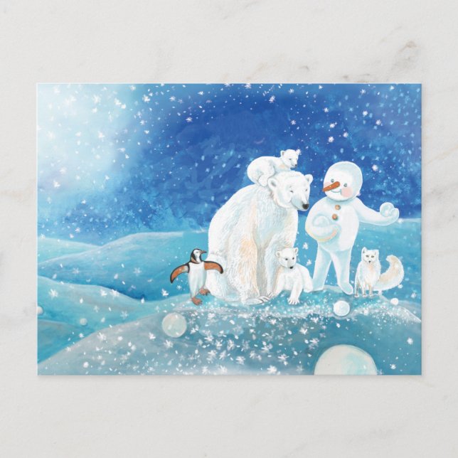 Eisbären, Polar Fox, Kaiserpinguin und Snowman Postkarte (Vorderseite)