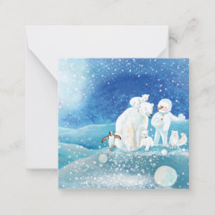 Eisbären, Polarfuchs, Kaiserpinguin & Schneemann  Mitteilungskarte