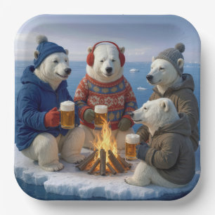 Eisbären trinken um ein Lagerfeuer herum  Pappteller