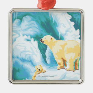 Eisbären u. CUB - Katmai, Alaska Silbernes Ornament