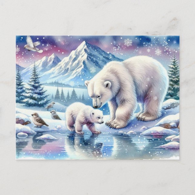 Eisbären und schneebedeckte Winterbilder Postkarte (Vorderseite)