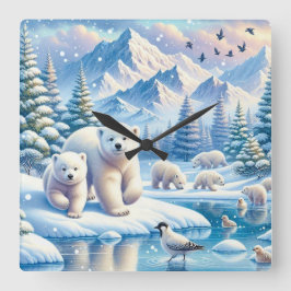Eisbären und schneebedeckte Winterbilder Quadratische Wanduhr