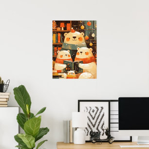 Eisbärenfamilie liest zusammen an Weihnachten Poster