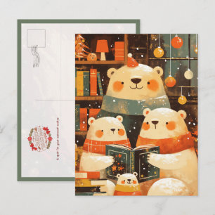 Eisbärenfamilie liest zusammen an Weihnachten Postkarte