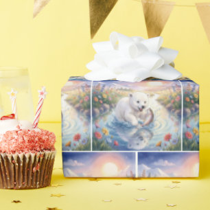 Eisbärjunges spielt mit einem Fisch Geschenkpapier