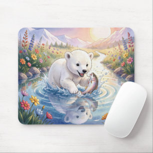 Eisbärjunges spielt mit einem Fisch Mousepad
