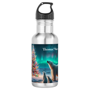 Eisbärmutter Junge Weihnachtsbaum Aurora Borealis Edelstahlflasche