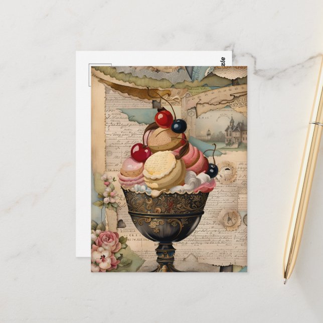 Eisbecher-Vintage-Collage Postkarte (Vorderseite/Rückseite Beispiel)