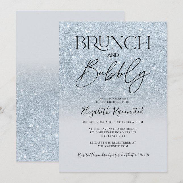 Eisblau Glitzer Chic Brunch Bubbly Brautparty Einladung (Vorne/Hinten)
