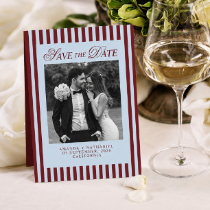 Eisblau und Burgunderrot gestreifte Retro-Hochzeit Save The Date