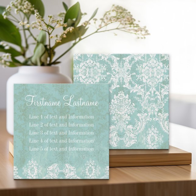 Eisblau Vintag Damask Muster 5 Berührungslinien Quadratische Visitenkarte (Custom Square Business Calling Card)