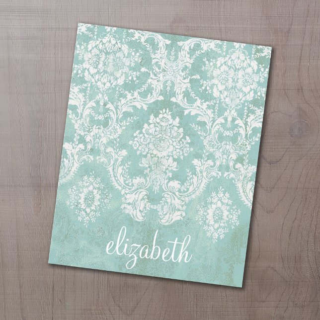 Eisblau Vintager Damast Muster mit grungy Finish (Shabby chic stationery - make a flyer for your business or personal notes)