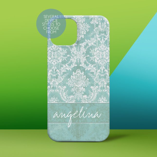 Eisblau Vintager Damast Muster mit grungy Finish iPhone 15 Hülle (Personalized Phone Case)