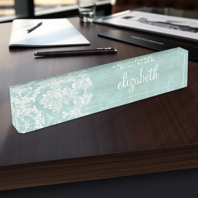 Eisblau Vintager Damast Muster mit grungy Finish Namensplakette (Personalized Name Plate for the Office, School or Home)