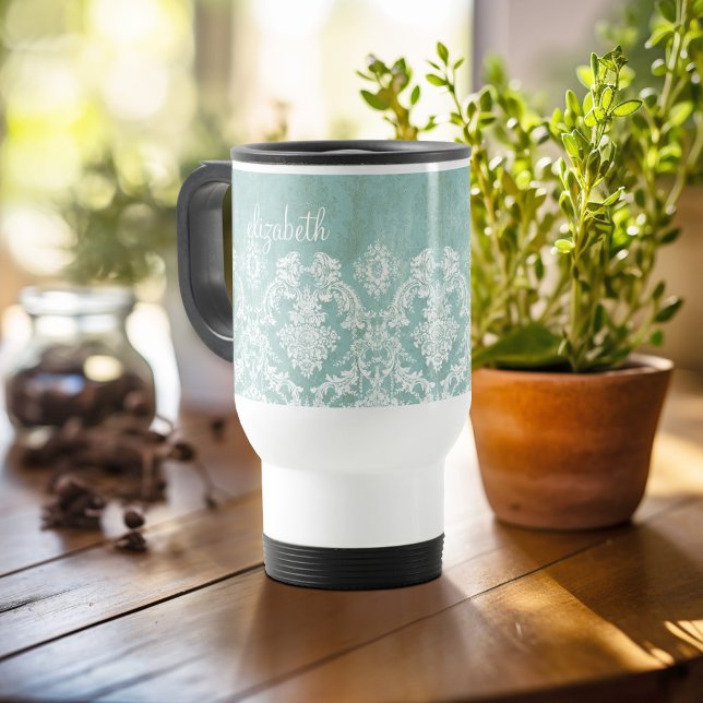 Eisblau Vintager Damast Muster mit grungy Finish Reisebecher (Personalized travel mug - add photos and text or customize completely)