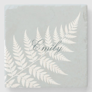 Eisblau-weiße Farn-Elegant-Script-Name Steinuntersetzer