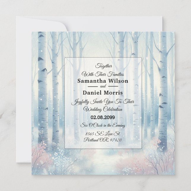 Eisblaue Birkenwald-Hochzeit Einladung (Vorderseite)