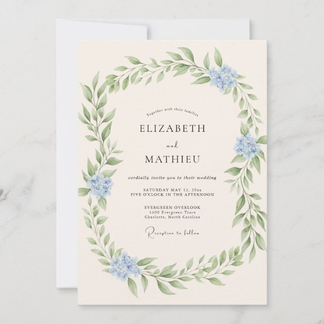 Eisblaue Blättrige Hochzeit Einladung (Vorderseite)