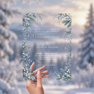 Eisblaue Winter-Botanik klare Luxus-Hochzeit Acryleinladungen