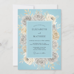 Eisblaue zarte Rosenhochzeit Einladung
