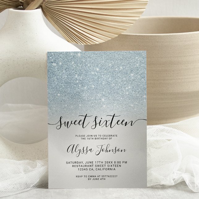 Eisblauer Glitzer holografisches Foto süß 16 Einladung (Von Creator hochgeladen)
