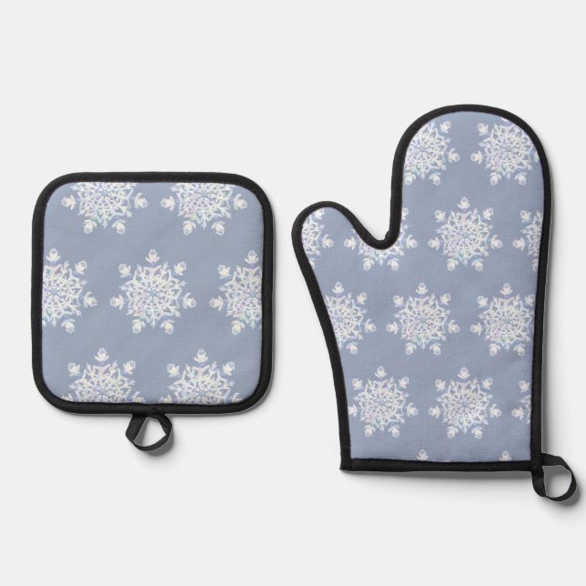 Eisblauer Schneeflocken Ofenhandschuh & Topflappen-Set (Vorderseite)
