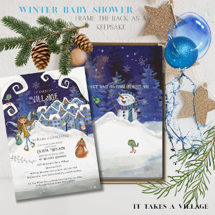 Eisblaues "Es braucht ein Dorf" Winter-Baby-Shower Einladung