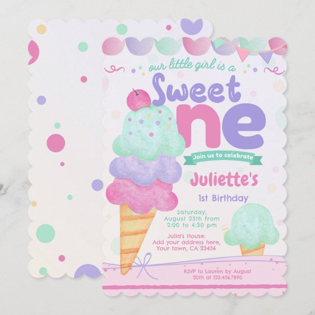 Eiscreme 1. Geburtstag Party Einladung (Vorne/Hinten)