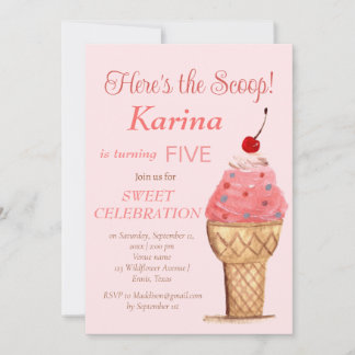 Eiscreme 5. Geburtstag Girl Pink Wasserfarbe Einladung