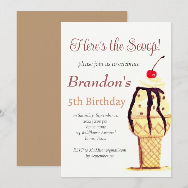 Eiscreme 5th Birthday Boy Wasserfarbe Einladung (Vorne/Hinten)