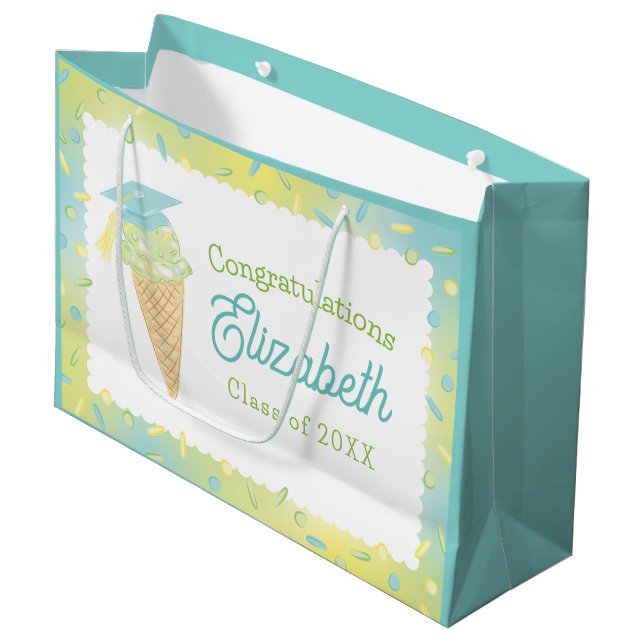Eiscreme-Abschlussfeier Blau Grün Große Geschenktüte (Vorderseite Schrägansicht)