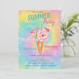 Eiscreme Blumen Früchte Sommer Tye Dye Geburtstag  Einladung
