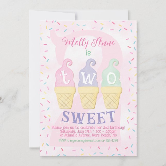 Eiscreme Cones Sprinkles Pastellfarben Rosa 2. Geb Einladung (Vorderseite)