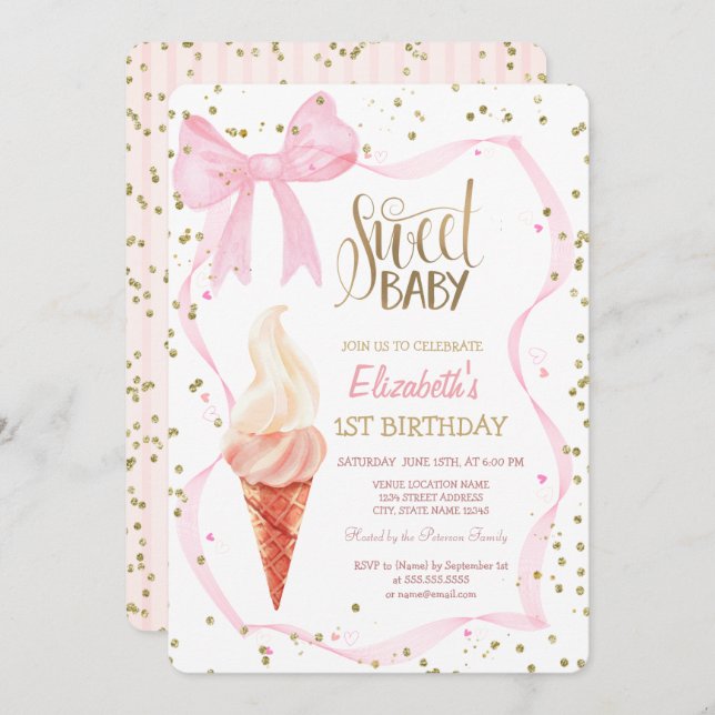 Eiscreme Diamonds Rosa Bauch gestreift Geburtstag Einladung (Vorne/Hinten)