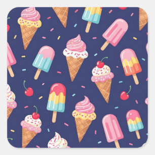 Eiscreme, Eis am Stiel und Kirschen Muster Quadratischer Aufkleber