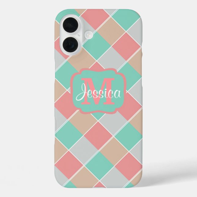 Eiscreme-Farben Kariert Personalisiert iPhone 16 Plus Hülle (Rückseite)