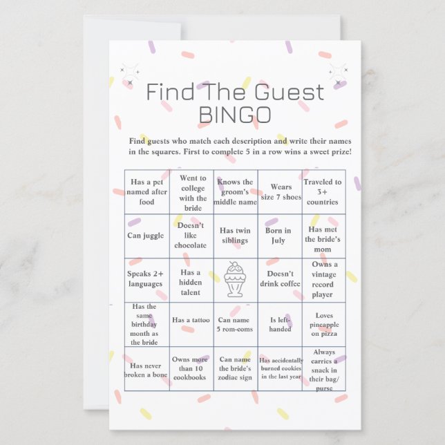 Eiscreme Finden Sie das Brautparty Bingo Game (Vorderseite)