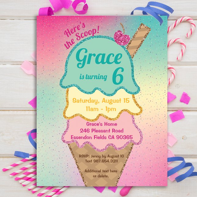 Eiscreme Glitzer Sprinkles Geburtstagsfeier Einlad Postkarte (Icecream glitter party!)