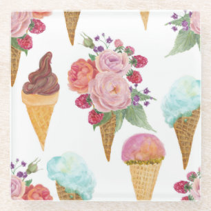Eiscreme, Himbeeren: Aquarellmuster. Glasuntersetzer