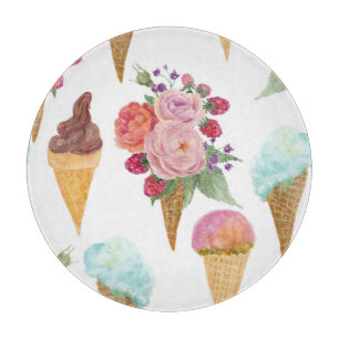 Eiscreme, Himbeeren: Aquarellmuster. Schneidebrett