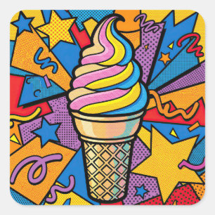 Eiscreme-Kegel und Konfetti Pop-Art Quadratischer Aufkleber