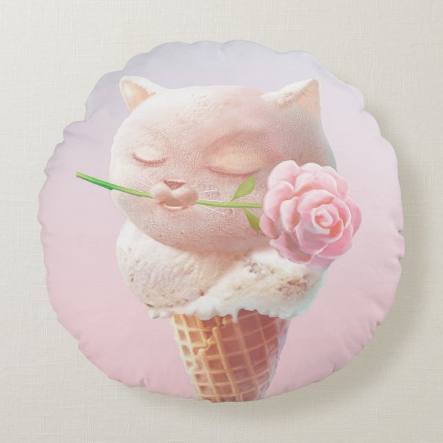Eiscreme Kitty - Rosy & Dreamy Rundes Kissen (Vorderseite)
