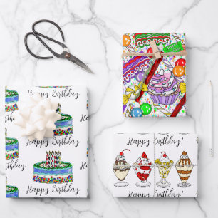 Eiscreme, Kuchen und Bonbons zum Geburtstag Geschenkpapier Set
