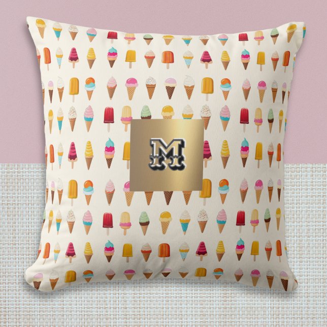 Eiscreme Lollies Mit Monogramm Retro Gemustert Nie Kissen (A cute monogrammed throw pillow, with colorful pattern of ice cream cones and ice lollies)