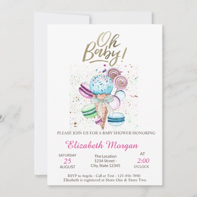 Eiscreme Macaroons Oh Baby Summer Baby Dusche Einladung (Vorderseite)