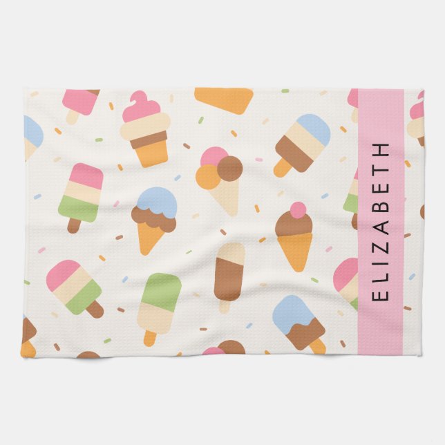 Eiscreme-Muster, Eiscreme, Ihr Name Geschirrtuch (Horizontal)